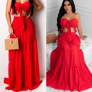 2xHP🎉 . Cherry On Top Red Ruffle Crop Top & Maxi Skirt Set